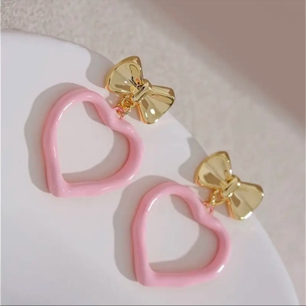 Pink Heart Bow Drop Earrings NWT